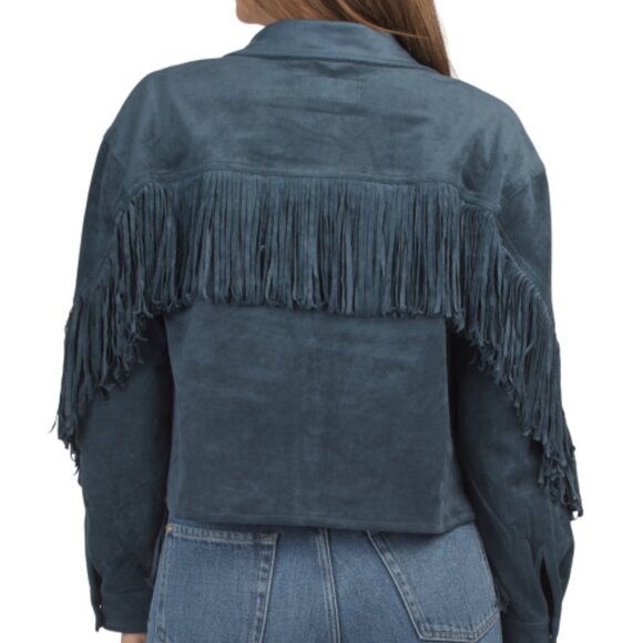 NEW BLANK NYC Faux Suede Fringe Jacket Lightweight Snap Button Jacket - Picture 2 of 4